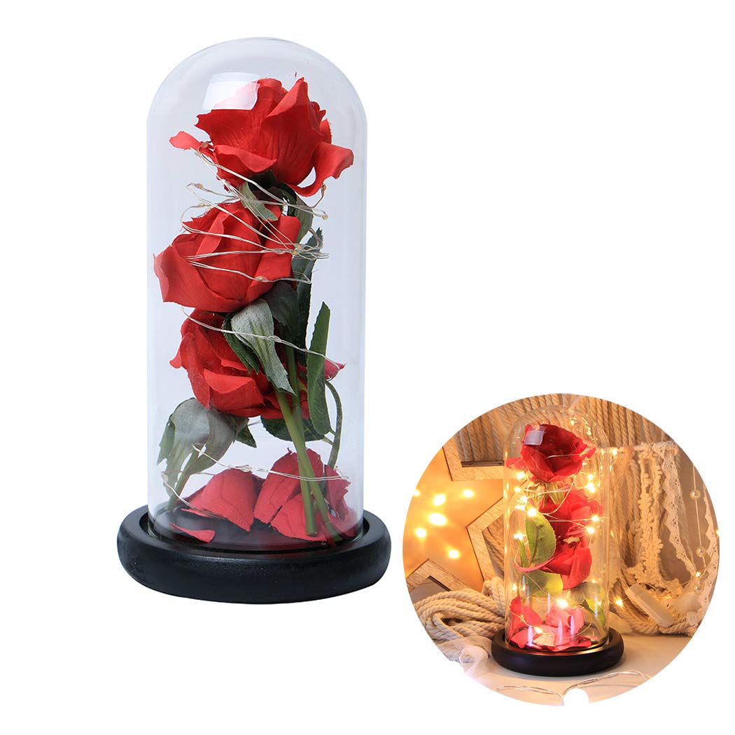 Beauty and The Beast,FunPa 3PC Forever Flower and Warm White LED Light with Fallen Petals in Glass Dome on a Wooden Base Best Gift for Valentine\'s Day Birthday Anniversary Valentine\'s Day