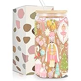 kdxpbpz Pink Christmas Iced Coffee Cup, Trendy Aesthetic Glass Tumbler, 16 oz Kawaii Coffee Glass Cup with Lid Straw, Cute Christmas Gifts for Women Teen Girls Sister