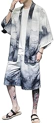 Ambcol Men's Japanese Style Kimono Tops Shorts Sets