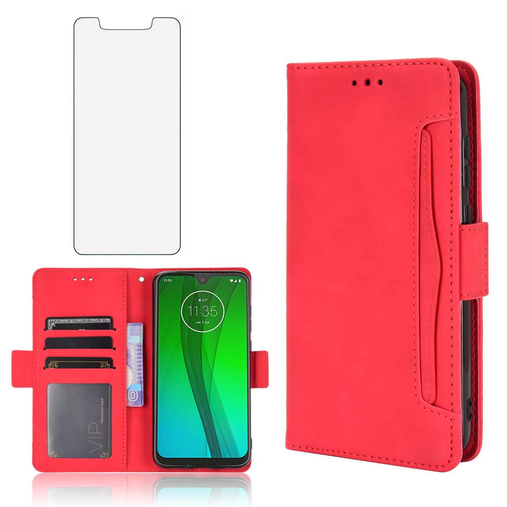 Phone Case for Motorola Moto G7 Play With Tempered Glass Screen Protector Card Holder Slot Stand Kickstand Shockproof Protective Wallet Purse Leather Flip MotoG7Play 7G G 7 MotoG7 G7Play Cover Red — image 1