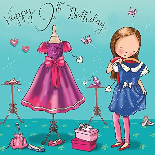 Twizler 9th Birthday Card for Girl with Dress - Girls Age 9 Year Old Childrens Happy Birthday Card Gifts, Green, 15.5 cm x 15.5 cm