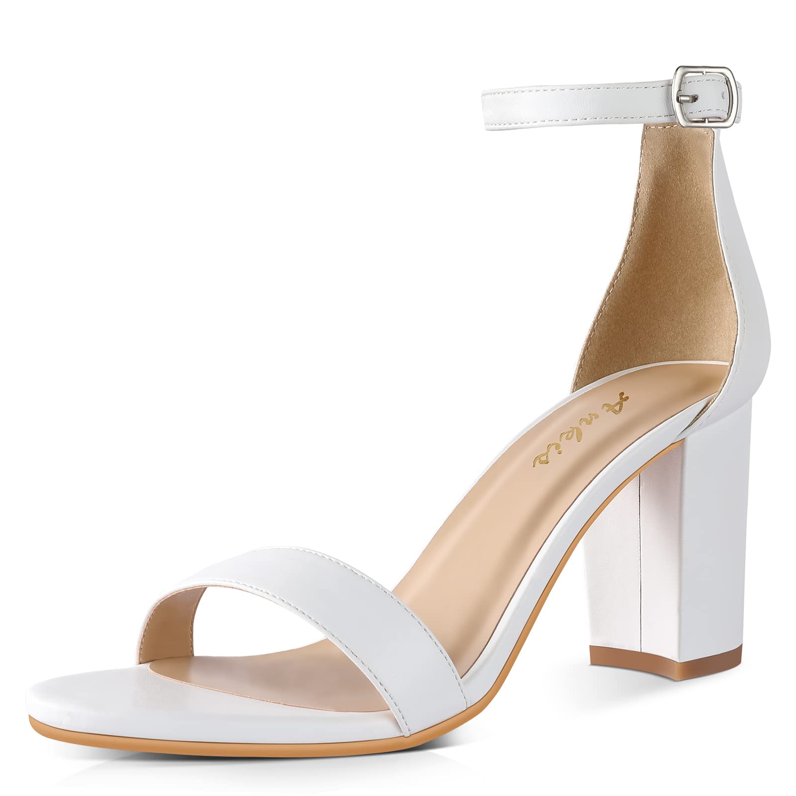 Photo 1 of ***(HEAVILY USED/ MINOR DAMAGE)***Ankis White Heels for Women - Open Toe Ankle Strap Chunky Heel Pump Sandals Party Wedding Strappy Buckle Sandals Standard Size 2.75 Inches Tall Thick Heel Design