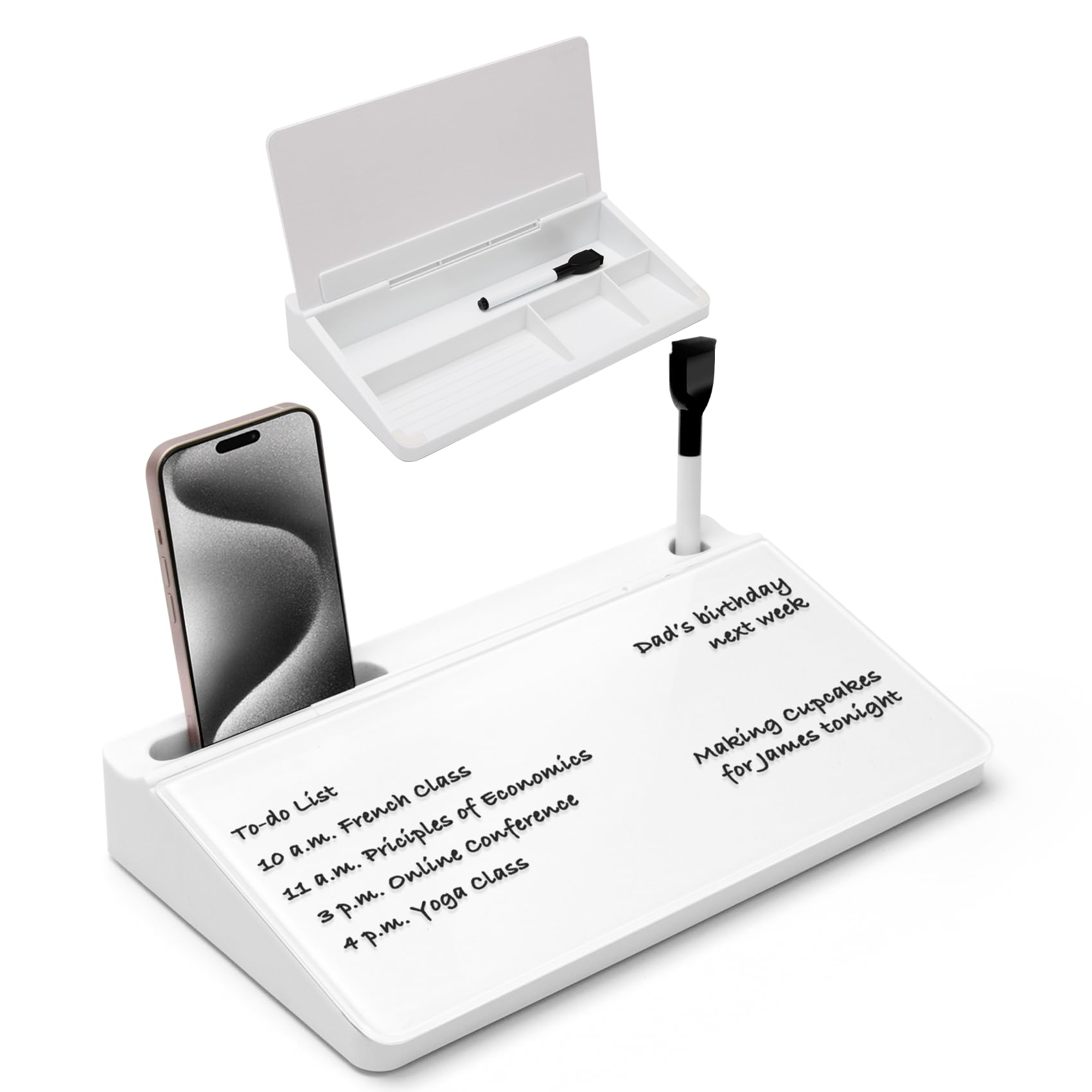 Varhomax Small Glass Desk Whiteboard, Dry Erase Desktop White Board with Storage Caddy to-do List Notepad for Office, School and Home Office Accessories Supplie