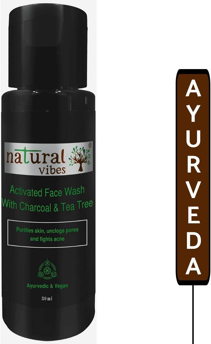 Natural Vibes ~ Ayurvedic Activated Charcoal & Tea Tree Face Wash 30 ml (Travel/Sample size) ~ Purifies your skin, unclogs pores and fights acne. (No Parabens, Sulphate, SLS, SLES, Silicon)