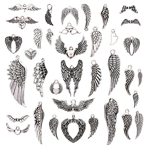 KeyZone 36 Pcs Vintage Silver Plated Assorted Angel Wings Charms Pendants DIY for Jewelry Making and Crafting