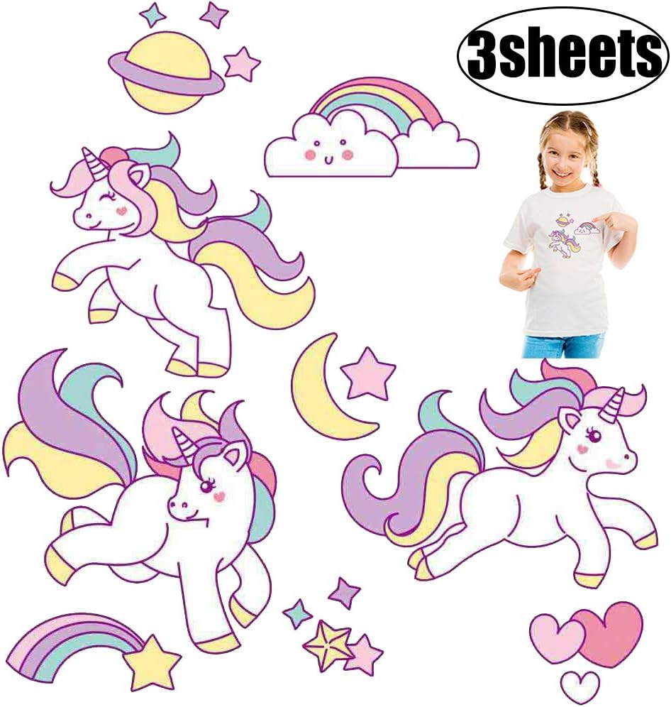 Unicorn Iron on Patches for Kids Cute Cartoon Heat Transfers Paper 3 Pcs Iron on Stickers for Baby Girls Clothing Accessories DIY Birthday Party Decorations Decorative Appliques for T-Shirts, Bags