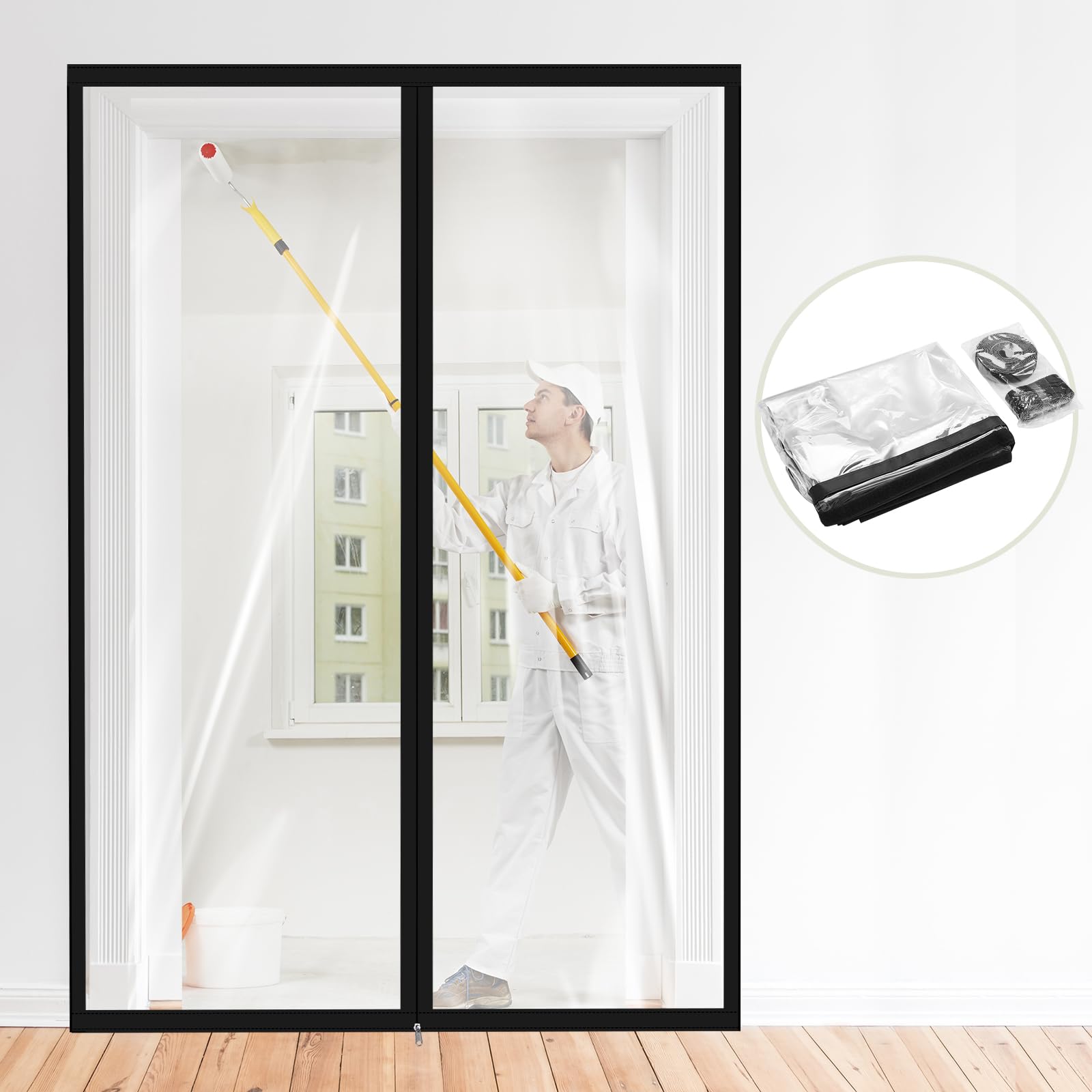 Photo 1 of Amylove Zipper 60 x 102 Inch Dust Barrier Door Kit Construction Door Barrier 5 x 8.5 ft Reusable Plastic Curtain Cover Containment Standard Doorway Temporary Wall Screen Sheeting for Bathroom Hallway