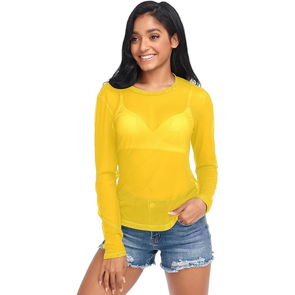 トップス flower print sheer shirt / yellow / S UMIRIKO Yellow Sexy Long Sleeve Sheer Tops for Women S Yellow at