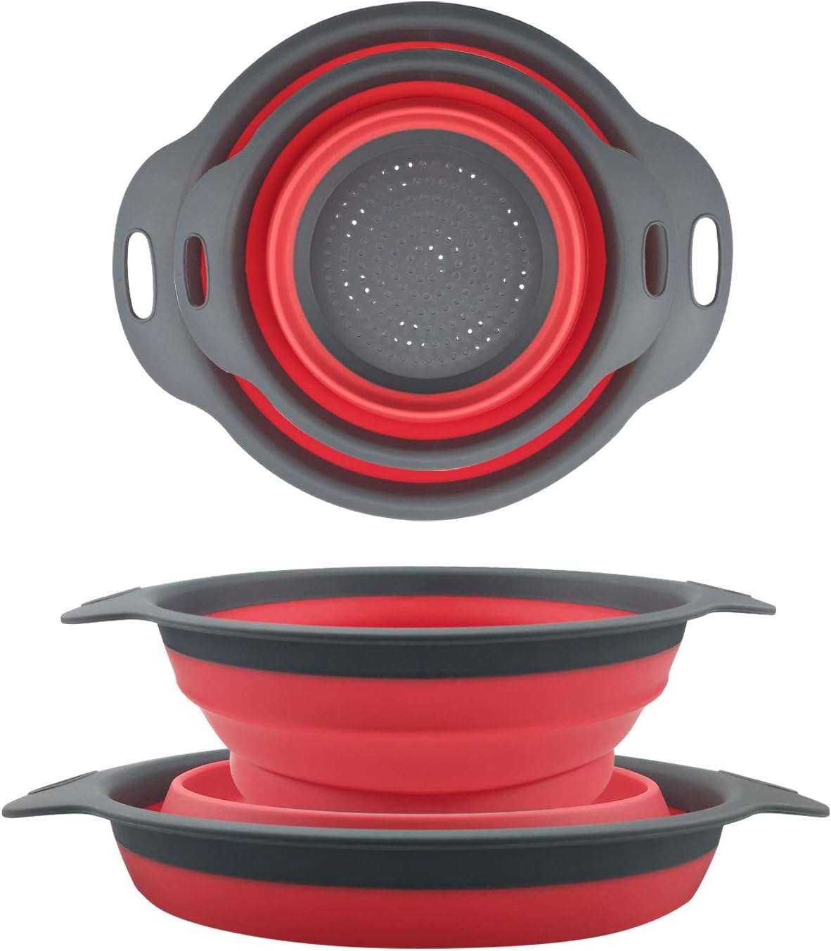 Collapsible Colander Set - 2 Folding Strainer Sizes 8" - 2 Quart and 9.5" - 3 Quart, Silicone Mesh and Plastic Handle (Red)