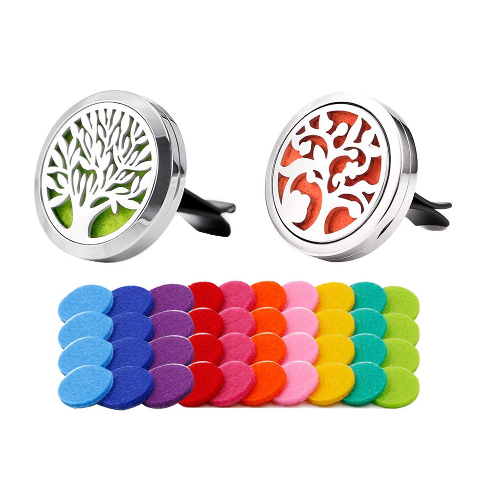 QitinDasen 2Pcs Premium Car Aromatherapy Essential Oils Diffuser, Car Aromatherapy Stainless Steel Vent Clip, with 40Pcs Replacement Felt Pads (10 Colors) Without Oil (Tree of Life & Lucky Tree)