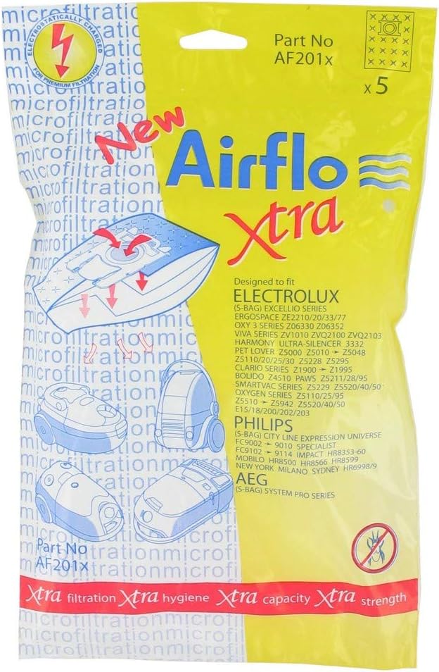 Airflo AF201X European Manufactured Electrolux Excellio/ Smart Vac Xtra SMS Bags, Pack of 5