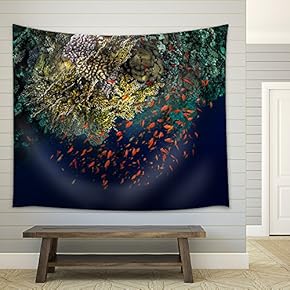 Top View of The Coral Reefs with Tiny Fish in The Ras Muhammad National Park. Egypt - Fabric Wall Tapestry Home Decor - 51x60 inches