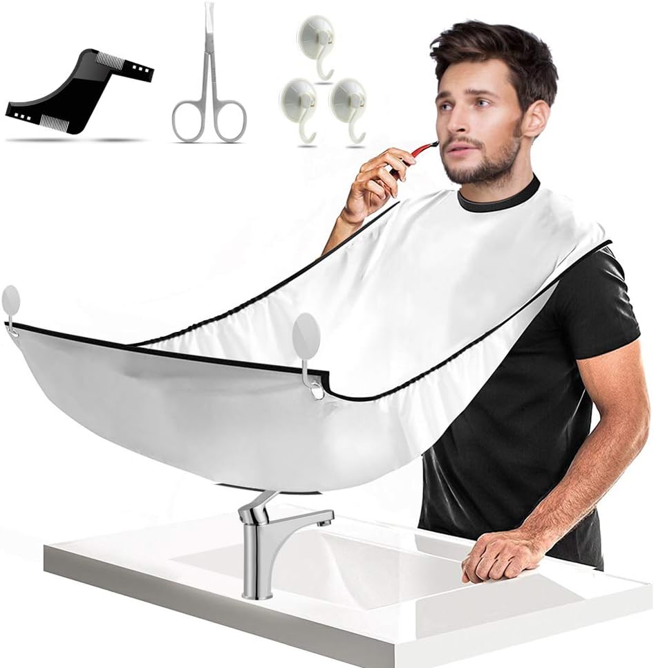 Beard Bib 1DOT2 Adjustable Beard Catcher for Beard Hair shaving and trimming Cape Apron with Suction Cups Beard Shaping Tool and Beard Scissors white