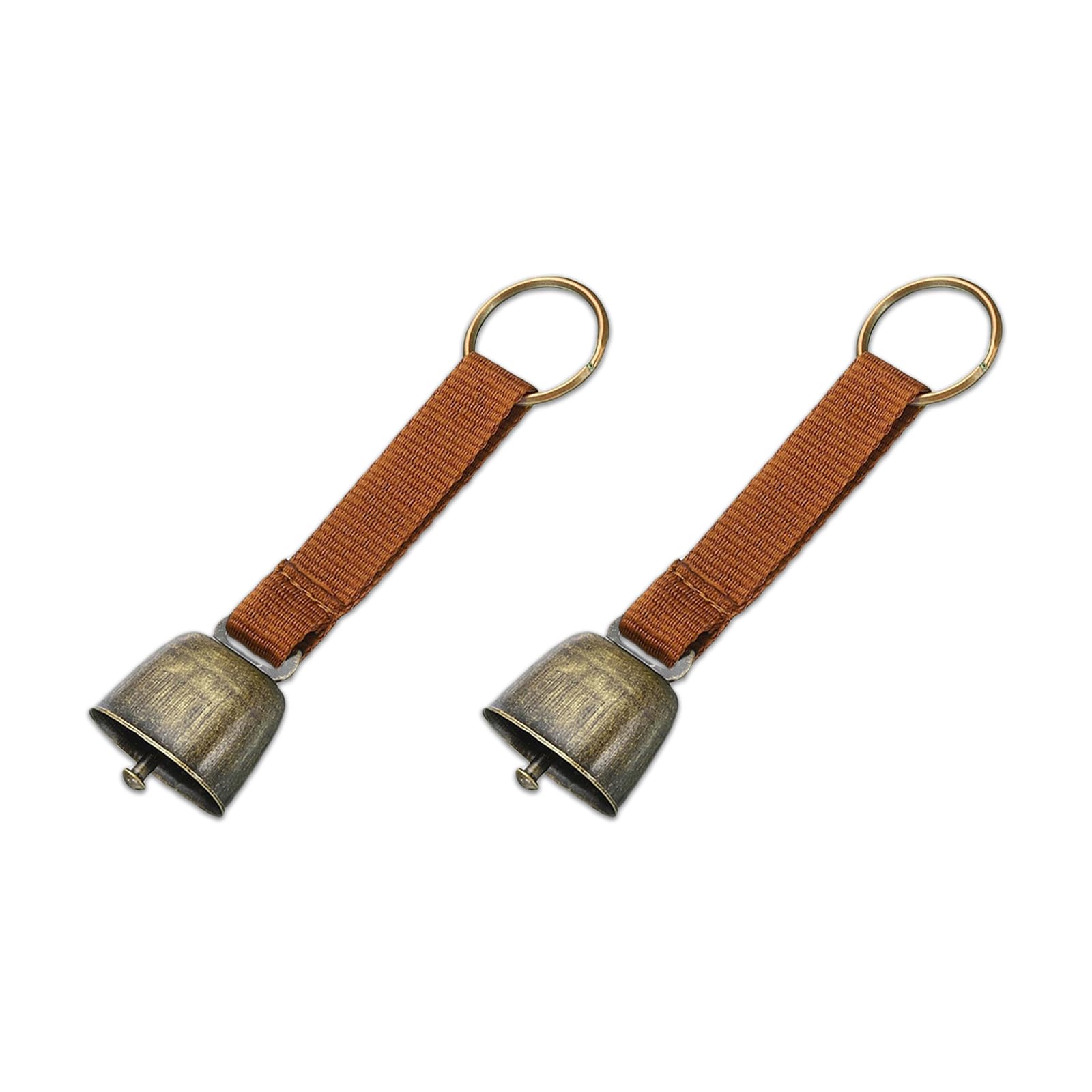 WUMUZAI 2 Pack Small Cow Bell for Dog Collar, Loud Bear Bells with Leather Button Strap, Cow Horse Sheep Grazing Copper Bells, Pet Brass Bells Tracker Noise Maker, Bronze Bell for Crafts (Brown)