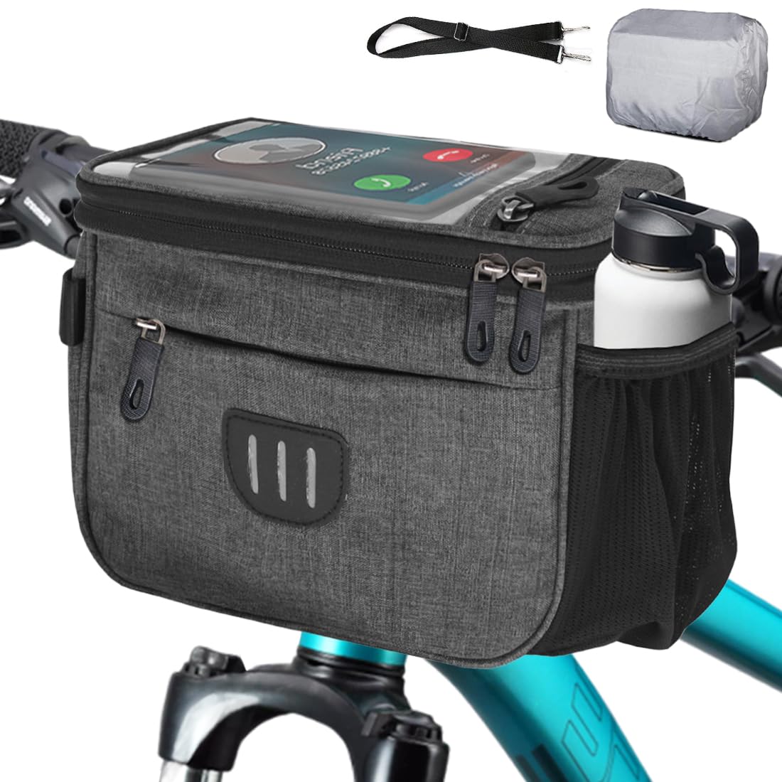 Photo 1 of MATTISAM Bike Handlebar Bag with Rain Cover, Shoulder Strap, Bike Basket Front with Phone Holder 6.8", Road Mountain Bicycle Pouch for Kids Men Women