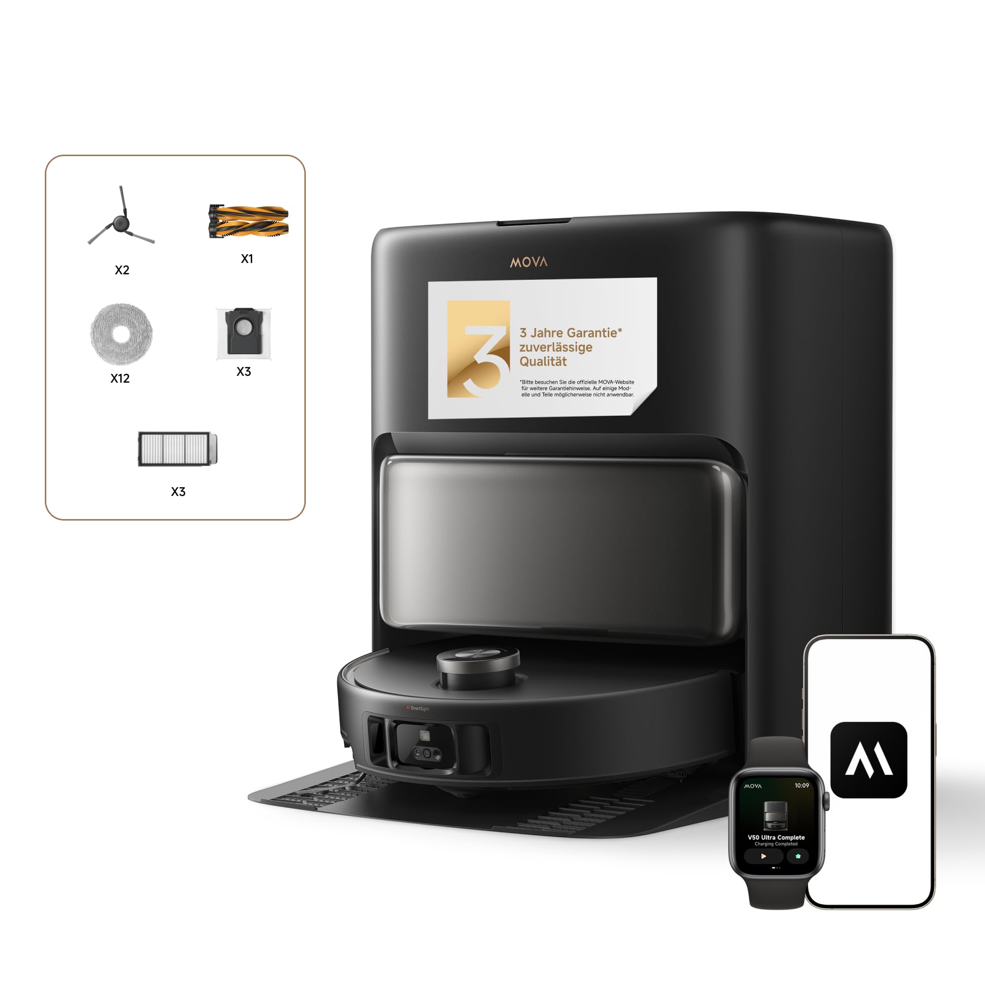 Mova V50 Ultra Complete Saugroboter mit Wischfunktion 24.000 Pa, 6cm Hindernisüberwindung, Liftable Navigation+RGB AI+LED, 80℃ Heißwasserwäsche & 63℃ Selbsttrocknung, DuoSolution System, Tricut Bürste