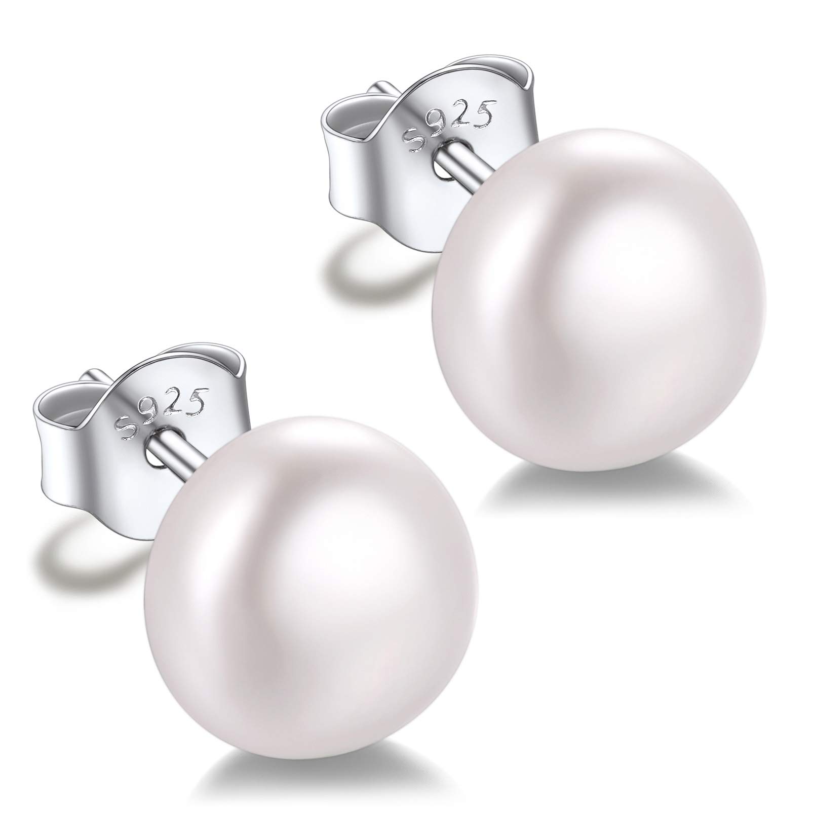Silorva Pearl Studs - 8mm Freshwater Pearl Earrings for Women - Sterling Silver Sleeper Ear Studs