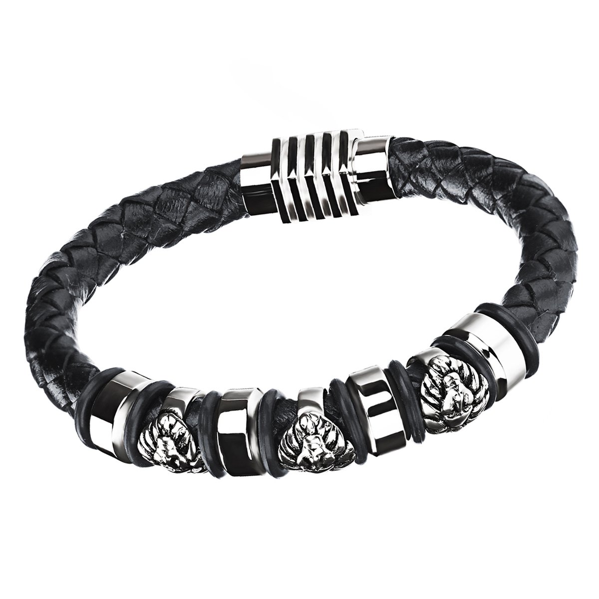 Cupimatch Mens Stainless Steel Vintage Egyptian Pharaoh Leather Bracelet Cuff Bangle with Magnetic Clasp