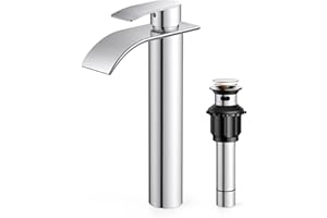 FORIOUS Bathroom Faucet, Stainless Steel Waterfall Sink Faucet, Single Handle Washbasin Vanity Faucet with Deck Plate, Pop-up