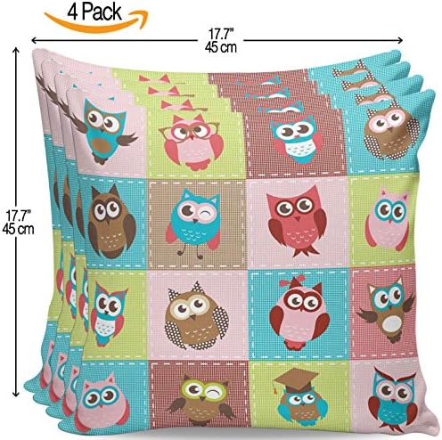 Serra Home 4-Pack Decorative Multicolored Square Shapes Sweet Owls, 18" x 18" Throw Pillow Covers Set Turkish New Design Linen Square Made in Turkey Patterned Cases Couch Cushion for Sofa Bedroom