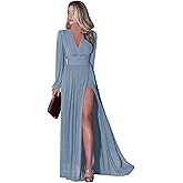 OLJHFJ Women's Long Sleeve Bridesmaid Dresses - V Neck Wedding Guest Dress Pleated A Line Long Formal Evening Dress with Slit Dusty Blue