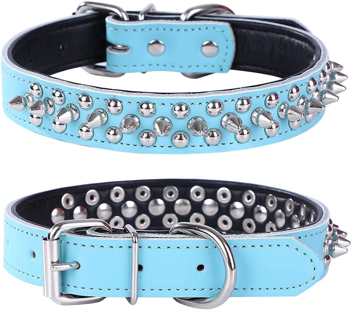 haoyueer Spiked Studded Dog Collar, Genuine Leather Dog Collar, Adjustable Pet Collars for Medium Large Bulldog Pitbull Mastiff Poodle Boxer (M, Blue-2)
