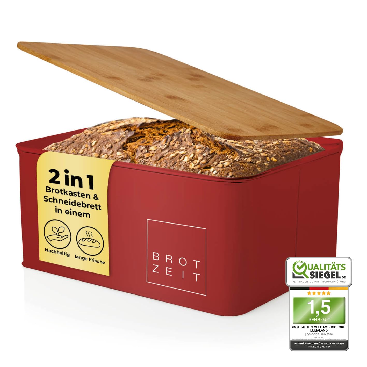 Lumaland Cuisine Bread Bin | Metal Bread Box with Bamboo Lid | Rectangular Bread Box 30,5 x 23,5 x 14 cm | 2in1 Bread Bin & Cutting Board [Red]