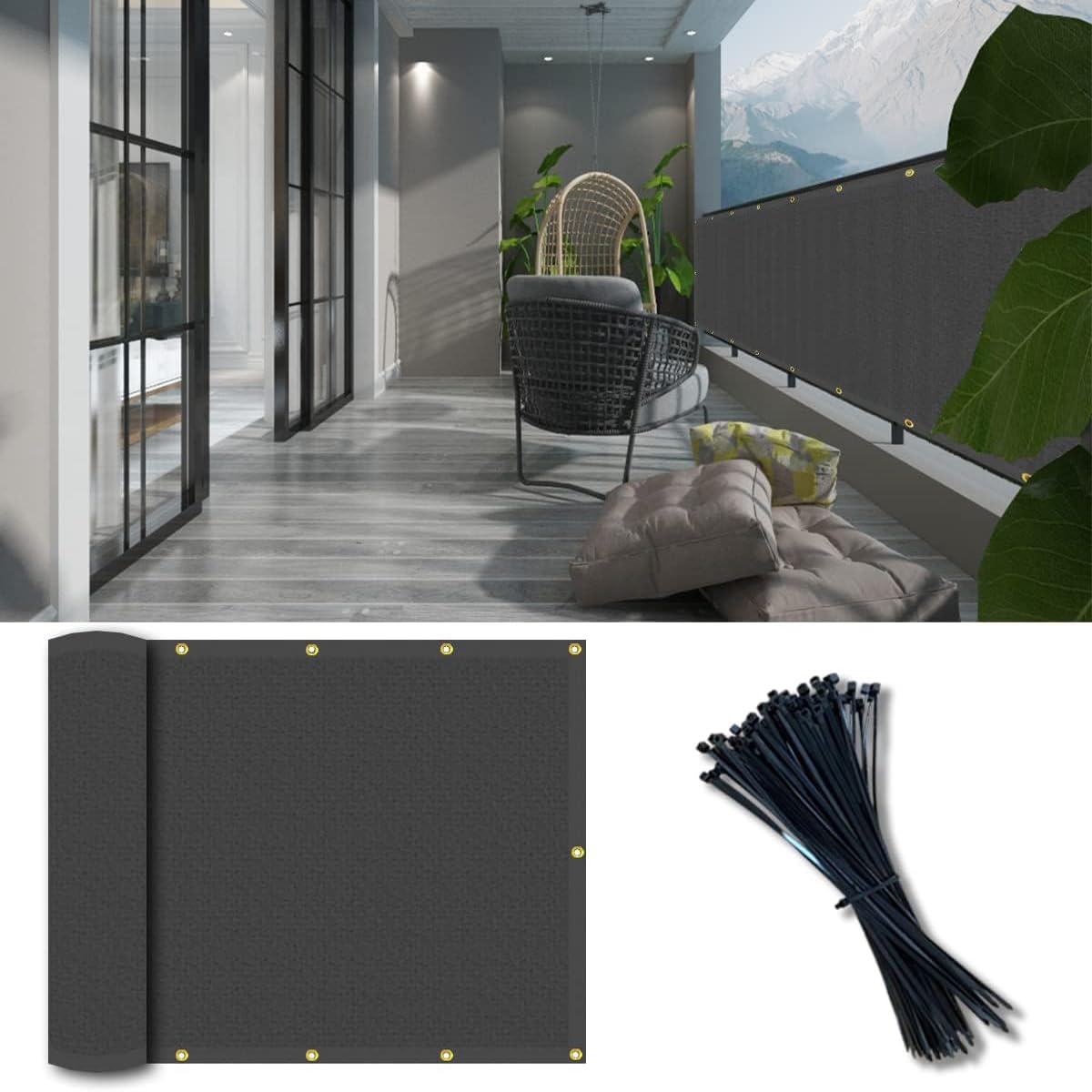 Photo 1 of Balcony Privacy Screen Fence Cover 4'x10', HDPE Shade Mesh Fabric with Cable Ties, 90% Visibility Block, UV & Wind Protection for Patio, Deck, Porch, Pool, Backyard, Apartments Railing