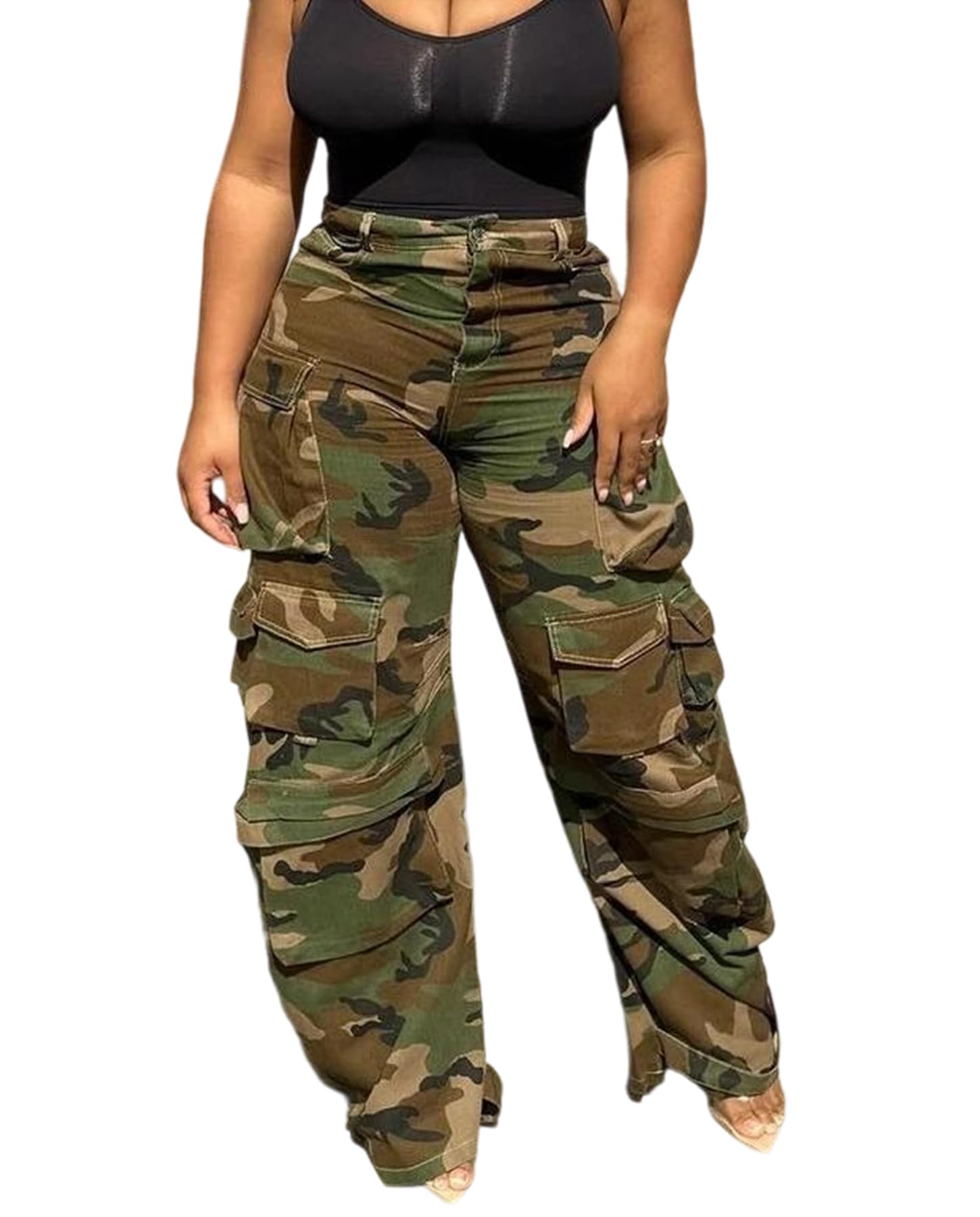 Photo 1 of Voghtic Women's Cargo Jeans Y2K High Waisted Baggy Jeans Straight Wide Leg Ripped Denim Pants Streetwear Camo
