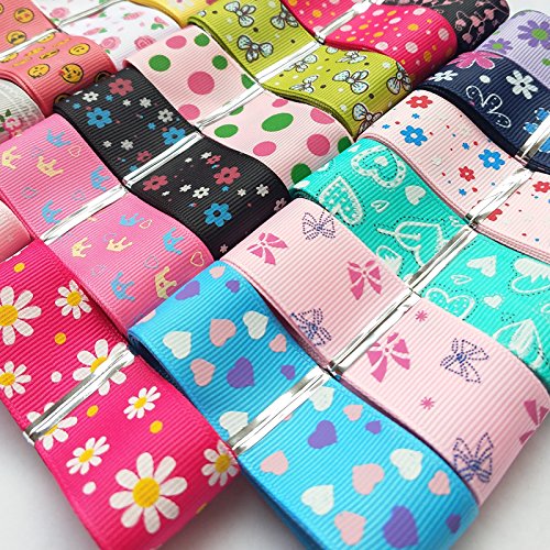 Dandan DIY Assorted 20 Yards Grosgrain Ribbon Bow Daisy Butterfly Cake Love Heart Dots Flower Rose Smile Face Craft DIY Gift Packing hair bow accessory