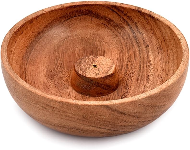 Samhita Acacia Wood Round Incense Holder 12.7cm Aromatherapy Decor