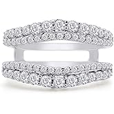 Curved Enhancer Guard Ring for Women Round Lab Created Moissanite or Lab Grown Diamond Double Row Pave Set Wedding Bands in 14K Gold Plated 925 Sterling Silver Jewelry Gift for Her