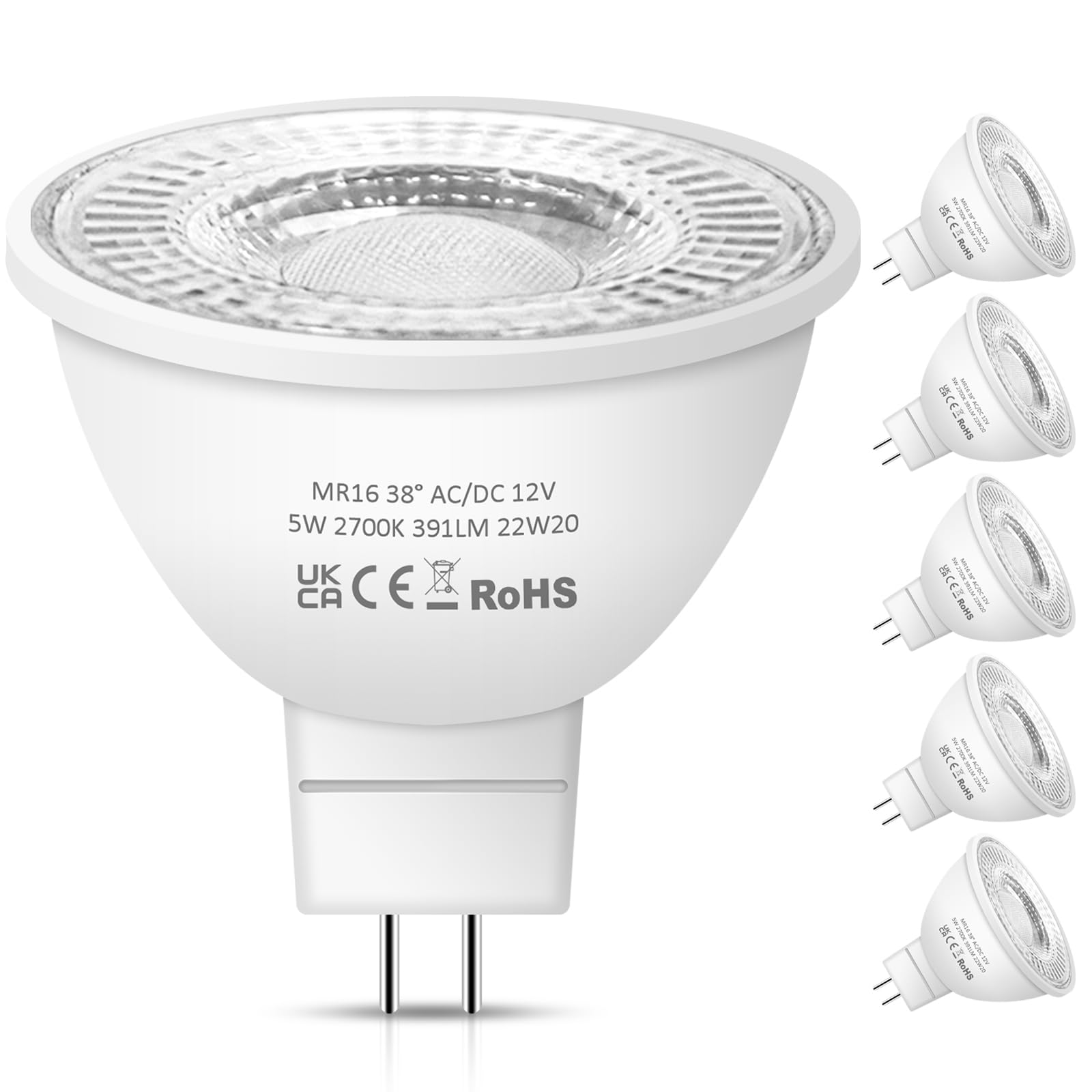 Nottac MR16 LED Bulbs, 12V 5W Warm White 2700K 38° Beam Angle LED MR16 for Indoor/Outdoor Landscape, Recessed, Track Lighting, GU5.3 Bi Pin Base, 6 Pack
