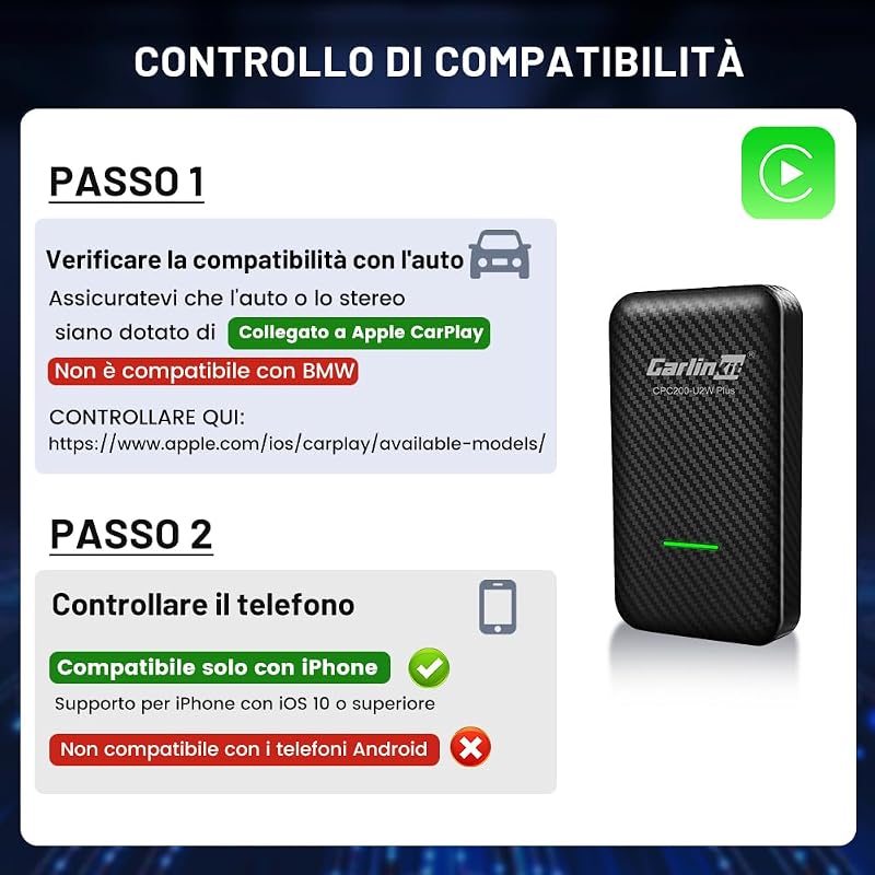 3.0 Wireless CarPlay Adattatore, senza fili AppleCarPlay Dongle iphone, Aggiornamento online, per auto con funzione CarPlay cablata di fabbrica, online messaggi/musica/mappe...