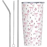 Qwalnely Pink Bow Tumbler 20 OZ with Lid and Straw, Insulated Tumbler Mug Cup, Pink Bow Gifts for Men Women