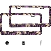 2 Packs License Plate Frame Psychedelic Cute Purple Flowers Skull Printed Aluminum Metal Licence Plate Holder Universal Fit Car for Men Women