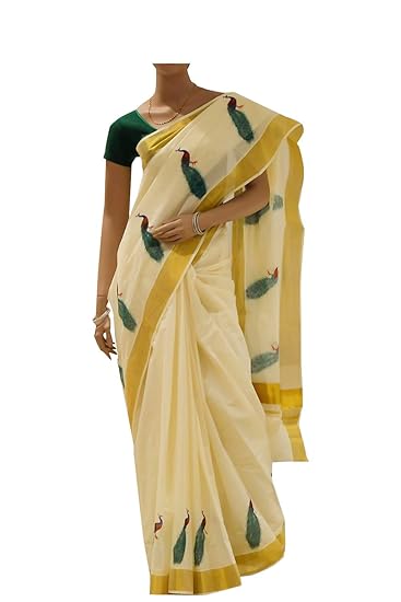 Kerala Kasavu Saree with Mural Peacock Design (Cream)