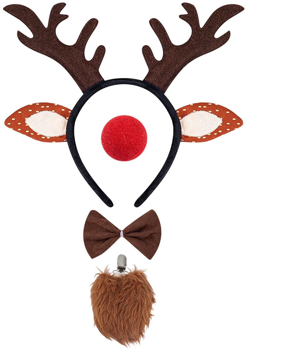 SHIFANQI Reindeer Costume Adult, 4PCS Deer Ears Alters Headband, Red Nose, Bow Tie & Tail Costumes Set for Women Girls Christmas Party Cosplay Outfit Fancy Dress Up