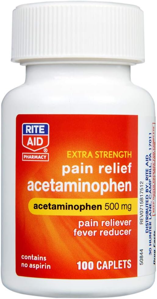 Rite Aid Extra Strength Acetaminophen, 500mg - 100 Caplets | Pain Reliever & Fever Reducer | Migraine Relief Products | Joint & Muscle Pain Relief Pills | Menstrual Pain Relief | Back Pain Relief: Health & Personal Care
