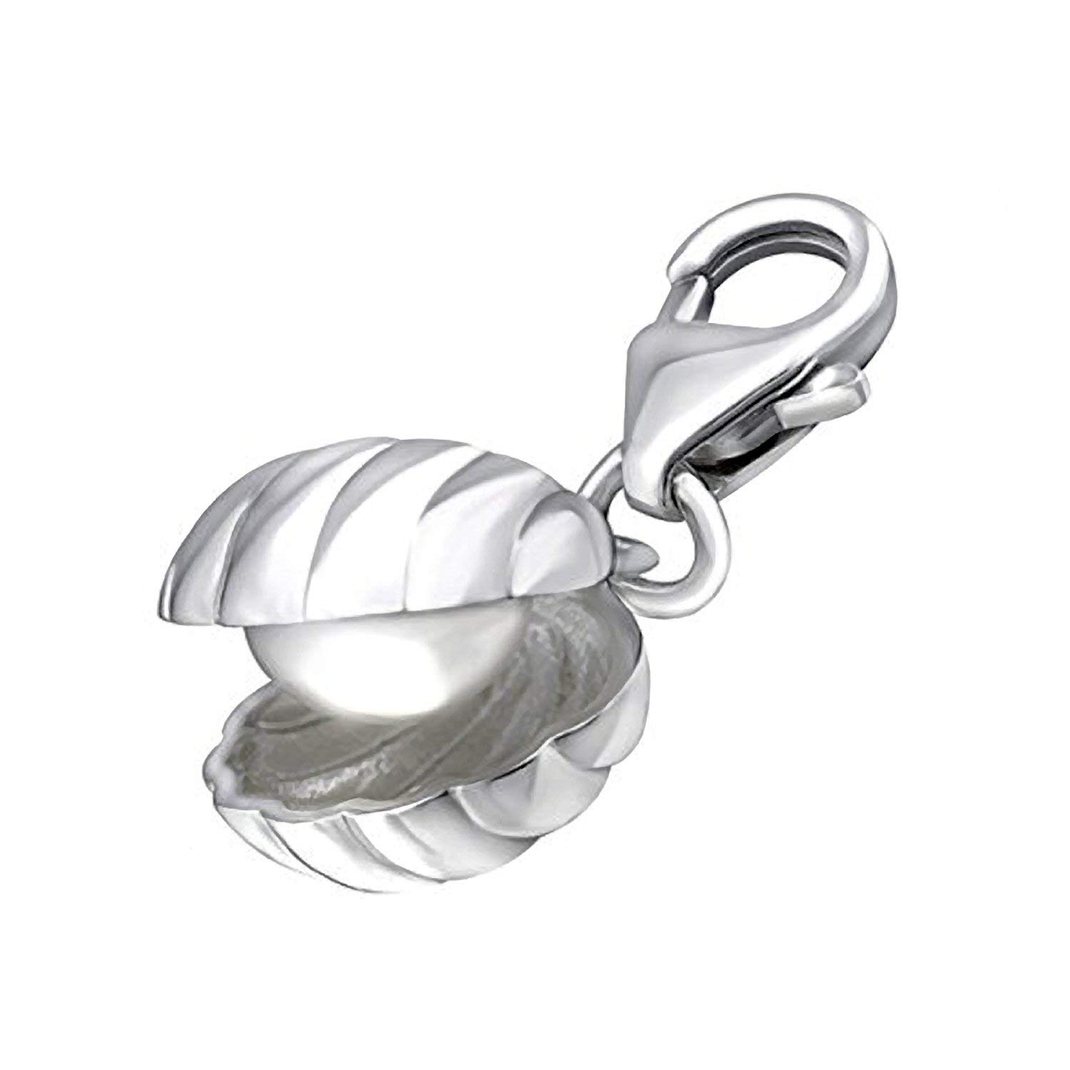 Simulated Pearl In Clam Oyster Shell Sterling Silver Clip On Charm Pendant with Lobster Clasp for Women - Compatible with Thomas Sabo Charms Bracelet - Women's Clasp Charms