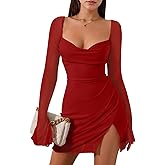 GOBLES Women's Sexy Flounce Sheer Sleeves Draped Neck Mesh Side Split Mini Party Dresses