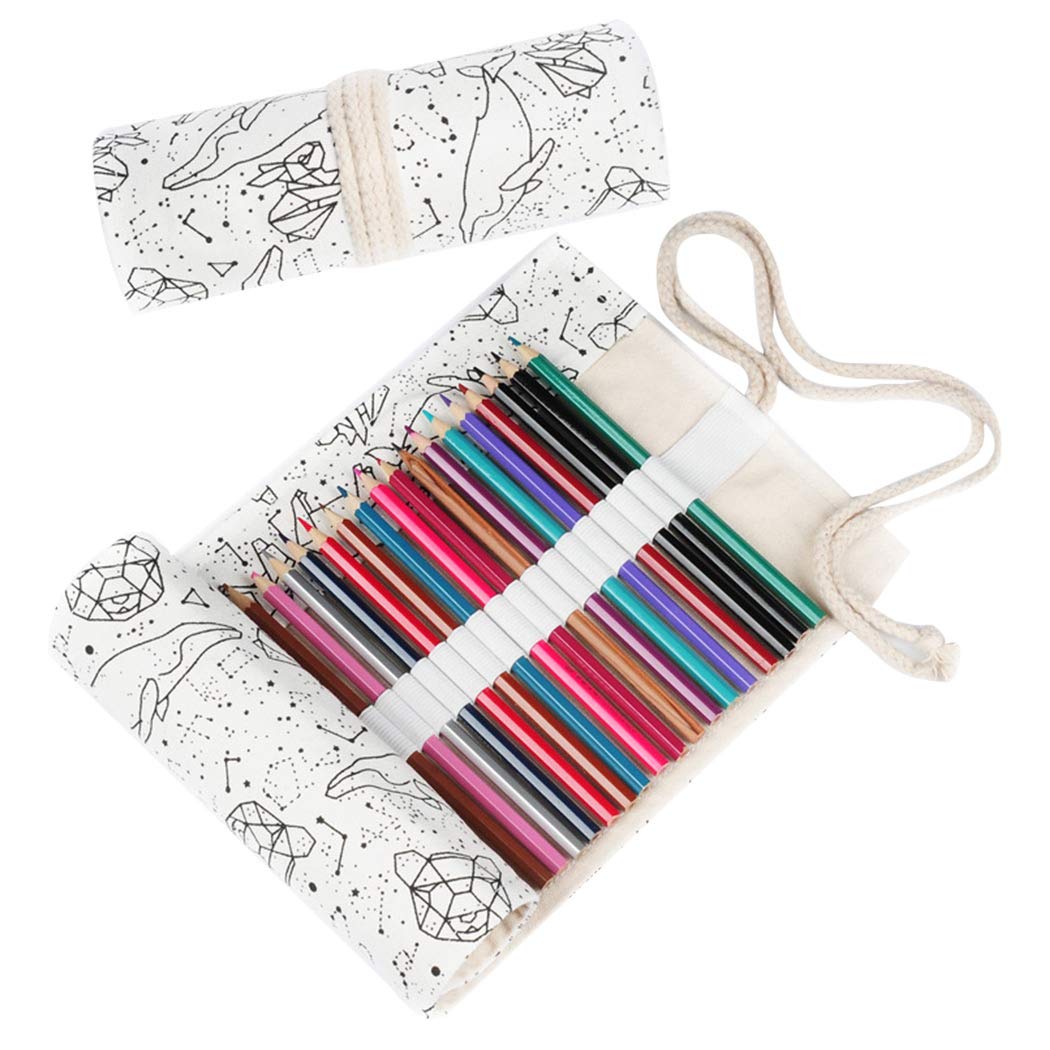 SIPLIV Canvas Roll-up Pencil Wrap, Travel Drawing Coloring Pencils Pouch for Artist, Starry Sky White 48 Holes(Pencils are Not Included)