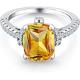 Gem Stone King 3.25 Cttw Yellow Citrine and White Created Sapphire Ring For Women | 925 Sterling Silver | Cushion 10X8MM | Gemstone Birthstone | Wedding Engagement Anniversary Promise Ring