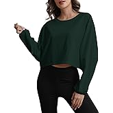 MATEAM Womens Workout Tops Casual Sweatshirt Long Sleeve Cropped Plain t Shirts Crewneck Ladies Going Out Crop Loose Fit Fall Fashion Must Haves Clothing for Women Trendy Dark Green L