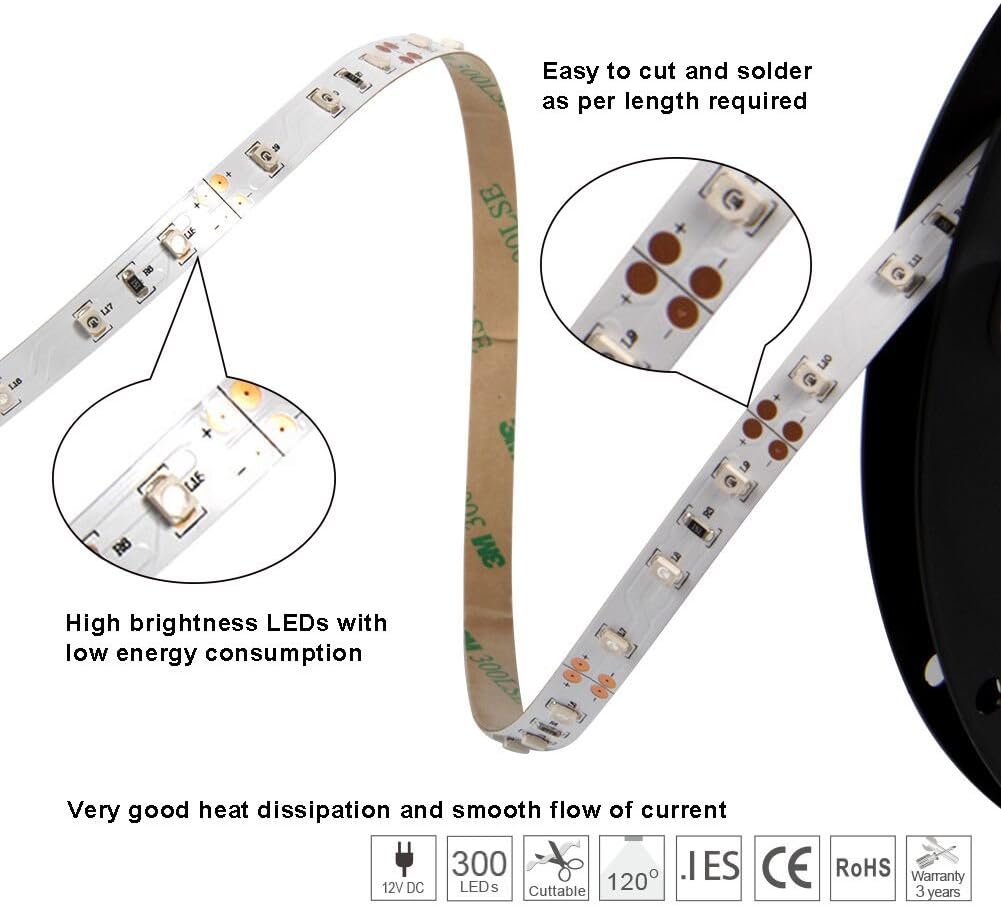 Signcomplex Flexible LED Strip 3528 SMD LED Ribbon 5m a reel 12VDC 300leds 5000x8mm Tape Lights(Nature White) - Image 4
