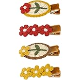 4Pcs Cute Knitted Floral Hair Clips for Girls Women Red & Yellow Embroidered Flower Duckbill Clips with Green Leaves Crochet Barrettes Retro Pastel Hair Accessories