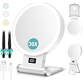 B Beauty Planet Magnifying Mirror with Light 30X, 2000mAh 1X/ 30X Magnifying Makeup Mirror with Standable Base &amp; Tweezers, 3 Color Modes with Adjustable Brightness&amp; Smart Display, Foldable for Travel