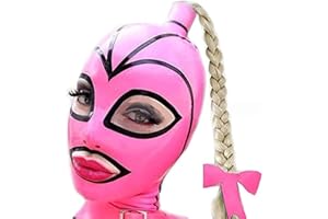 Latex Hood with Braids and Bows, Pink Full Face Cover with Zipper for Master, Queen, Sex, BDSM, Party, Cosplay, Holiday