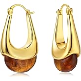 Valentine Day Gifts for Her Women,Vintage Chunky Gold Hoops Earrings for Women, Gold Dangle Drop Earrings with Brown/Pink/White/Green Resin Gemstones, 18K Gold Plated Trendy Statement Earrings,Exaggerated Large Teardrop Trendy Jewelry for Christmas