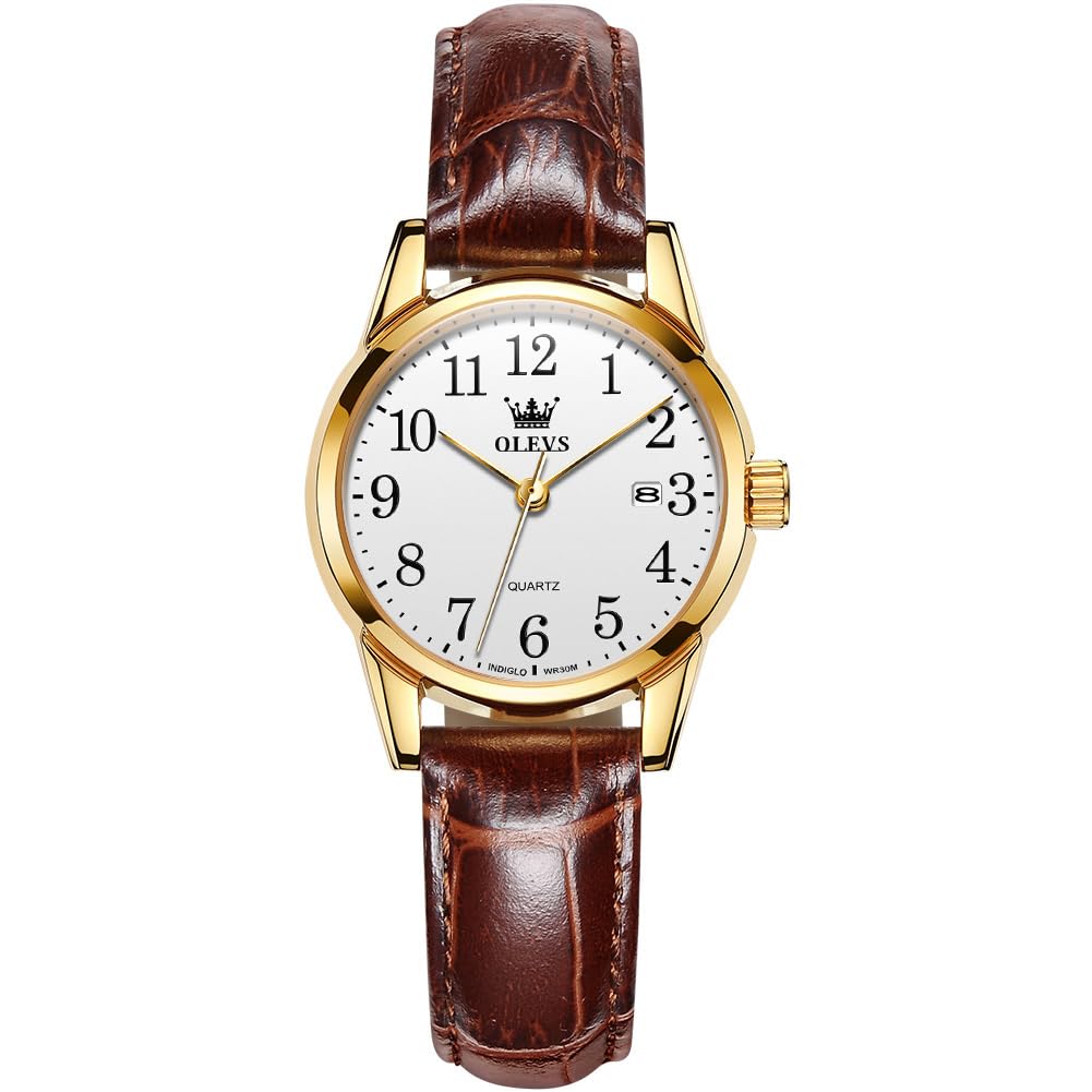 OLEVS Ladies Watch Analog Quartz Small Number Easy Read Dial Casual Brown Leather Strap Watches for Women
